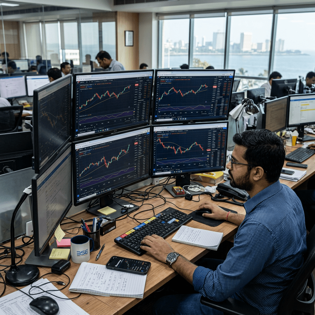 Person analyzing stock market charts on multiple computer screens